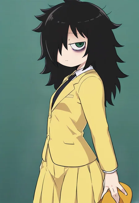 (zPDXL3),
(zPDXLxxx),
1girl,
solo,
Kaxiota,
kuroki tomoko,
long hair, black hair, green eyes,yellow eyes, hair over one eye, black pupils, messy hair, bags under eyes,
black necktie, yellow skirt, yellow jacket, necktie, skirt, jacket, closed jacket, school uniform, pantyhose, black pantyhose, blazer, long skirt, small breasts, flat chested,
stoop,
looking at viewer,
side view,
bust up,
school background,