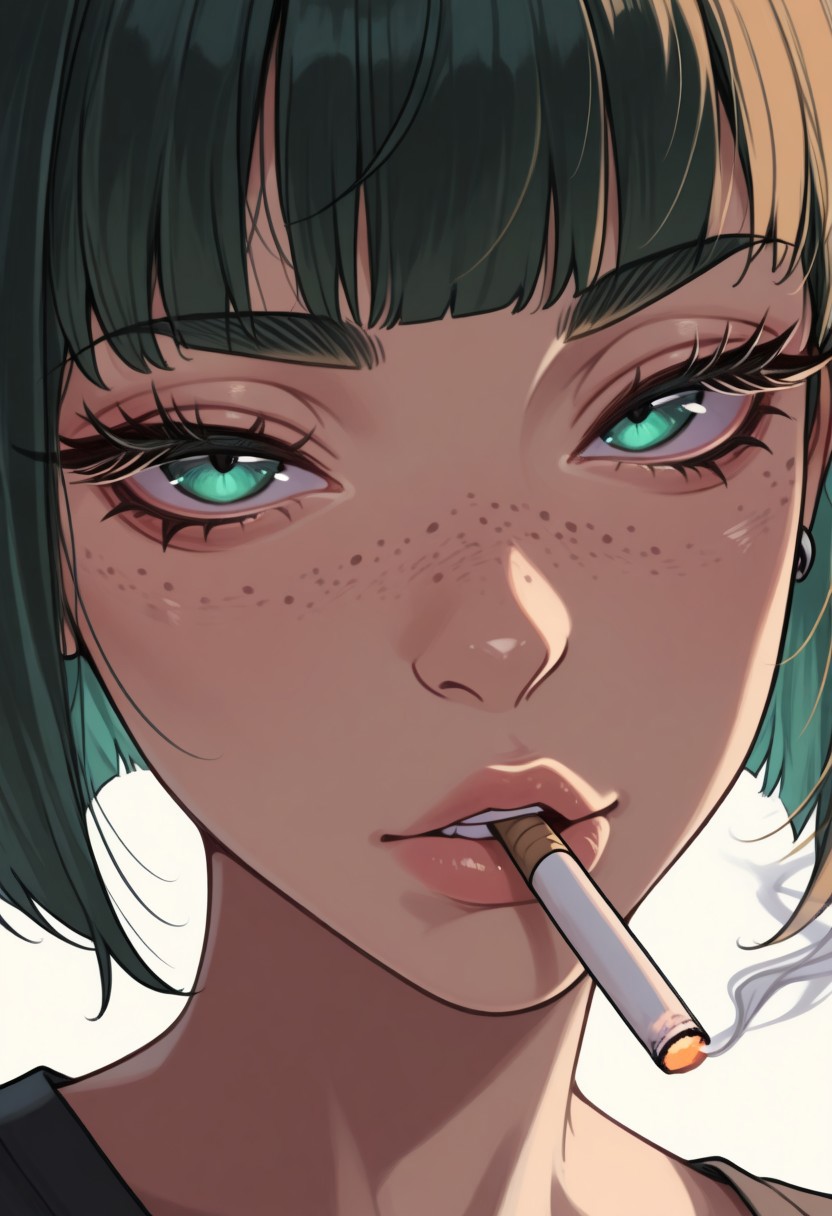 PSC0DLIK_STL, masterpiece, best quality, very aesthetic, high resolution, ultra-detailed, absurdres, newest, perfect lighting, hi res, amazing quality, very awa, psc0dlik_stl, 1girl, solo, cigarette, looking at viewer, freckles, close-up, lips, smoking, eyelashes, portrait, bangs, mouth hold, piercing
