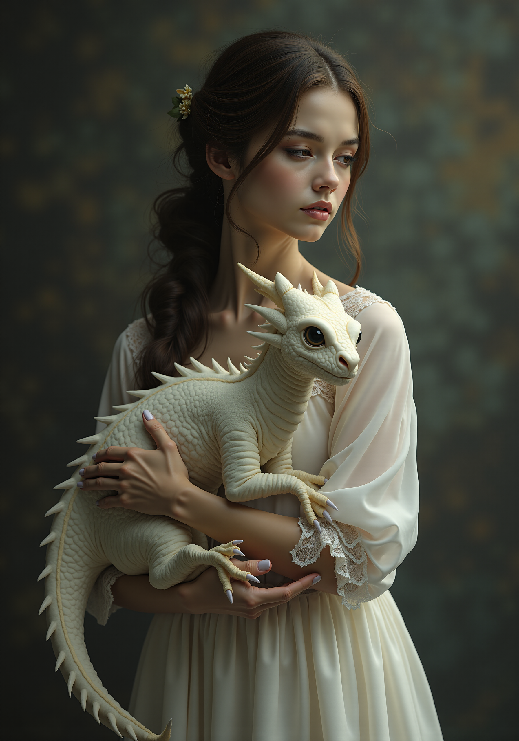 Dark Moody Atmosphere, hyper-detailed, beautifully color-coded, cinematic photo ultra realistic ultra realistic,muted colors,by Brent Heighton,by Richard Schmid,<lora:Flux_Skin_Texture:1>,<lora:FluXPhoto:1>,
a beautiful A 40-year-old female lady with a cute little white dragon in her arms stands , 
hyperdetalization of small elegant details. the most detailed girl's face is the effect of a studio photo shoot. beige-white gamma, 
splashes of white a lot of small, 
exquisite, 
elegant details in the style of Jean-Baptiste Monger, 
perfect composition, 
beautiful details, 
intricate, 
insanely detailed, 
photorealistic., 35mm photograph, film, bokeh, professional, 4k, highly detailed, sharp focus, Character, Full body, Concept design, Sheet, Ultra wide view, Ultra detailed, ultra detailed, intricate details insane details, intricate details, beautifully color graded,  insanely detailed and intricate, hypermaximalist, elegant, hyper realistic, super detailed, dramatic, mysterious, dark moody atmosphere, Photorealism