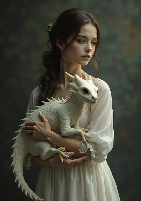 Dark Moody Atmosphere, hyper-detailed, beautifully color-coded, cinematic photo ultra realistic ultra realistic,muted colors,by Brent Heighton,by Richard Schmid,<lora:Flux_Skin_Texture:1>,<lora:FluXPhoto:1>,
a beautiful A 40-year-old female lady with a cute little white dragon in her arms stands ,
hyperdetalization of small elegant details. the most detailed girl's face is the effect of a studio photo shoot. beige-white gamma,
splashes of white a lot of small,
exquisite,
elegant details in the style of Jean-Baptiste Monger,
perfect composition,
beautiful details,
intricate,
insanely detailed,
photorealistic., 35mm photograph, film, bokeh, professional, 4k, highly detailed, sharp focus, Character, Full body, Concept design, Sheet, Ultra wide view, Ultra detailed, ultra detailed, intricate details insane details, intricate details, beautifully color graded, insanely detailed and intricate, hypermaximalist, elegant, hyper realistic, super detailed, dramatic, mysterious, dark moody atmosphere, Photorealism
