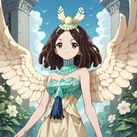 <lora:SlimesAmaryllis:1>, score_9, score_8_up, score_7_up, slimes_amaryllis, brown hair, brown eyes, angel wings, smiling, temple background