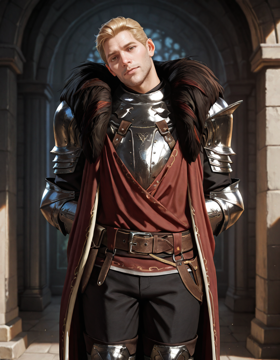 masterpiece, best quality, absurdres, newest, perfect quality, best quality, absolutely eye-catching, detailed background, intricate details, male focus, realistic, solo, <lora:Dragon Age - Cullen Rutherford - Illustrious 2_1-000006:0.7> cullen_rutherford, 1boy, mature male, brown eyes, fur-trimmed cloak, pauldrons, breastplate, shirt, gauntlets, gloves, belt, black pants, boots, head tilt, looking at viewer, arms behind back