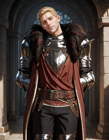 masterpiece, best quality, absurdres, newest, perfect quality, best quality, absolutely eye-catching, detailed background, intricate details, male focus, realistic, solo, <lora:Dragon Age - Cullen Rutherford - Illustrious 2_1-000006:0.7> cullen_rutherford, 1boy, mature male, brown eyes, fur-trimmed cloak, pauldrons, breastplate, shirt, gauntlets, gloves, belt, black pants, boots, head tilt, looking at viewer, arms behind back
