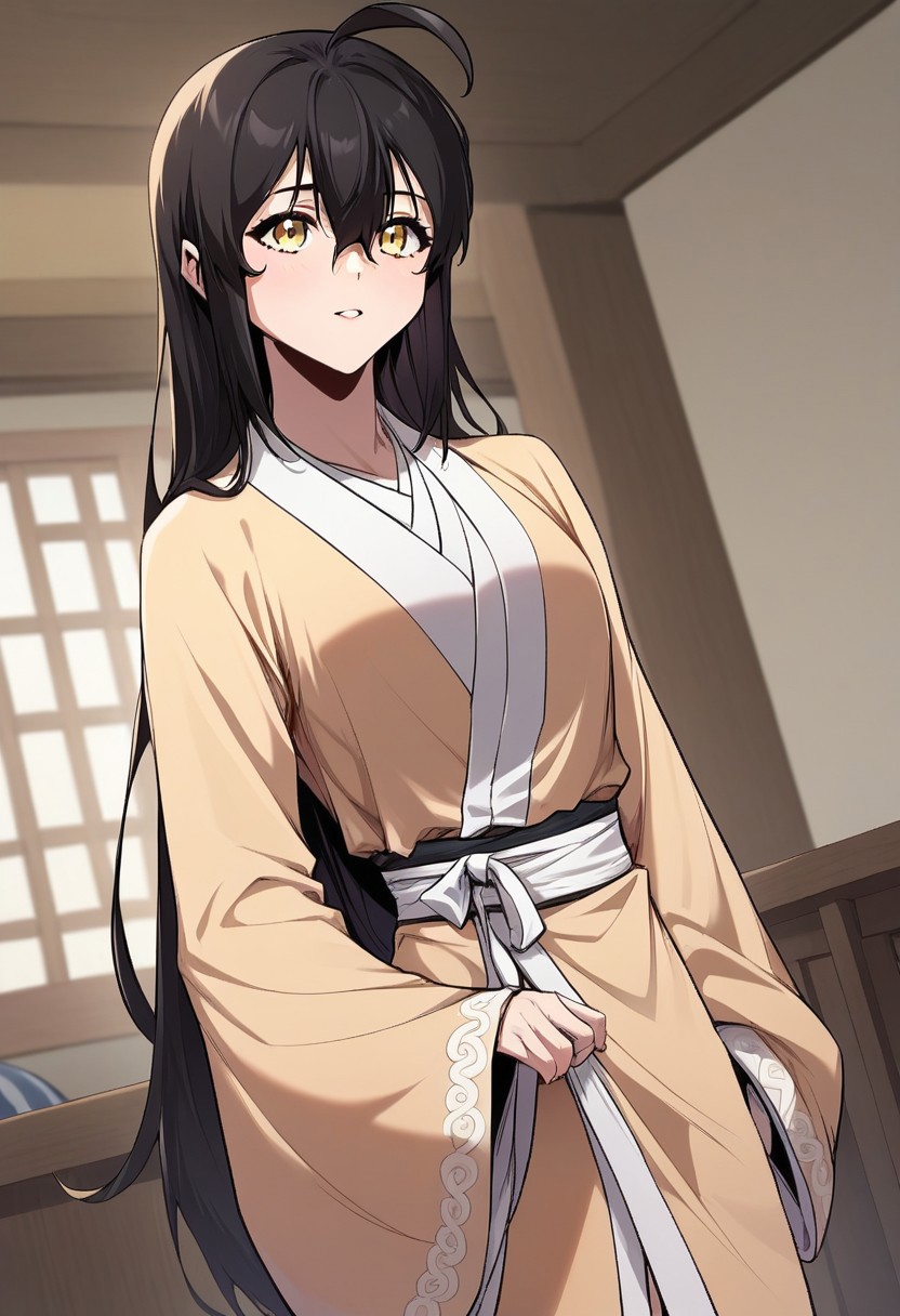score_9,score_8_up,score_7_up,score_6_up,blurry, blurry background,1girl,wi seolah,solo,long hair,black hair,hair between eyes,ahoge,yellow eyes,robe,wide sleeves,long sleeves,posing,volumetric light,indoors,living room,cowboy shot, dutch angle