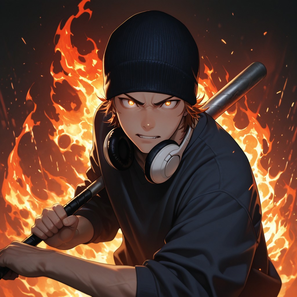 masterpiece, best quality, amazing quality, absurdres, newest, detailed background, definition so sharp, Ultra-HD, 8K cinematic, very awa, impressionate, amazing quality, highres, 
solo, male focus, manly, 
1boy, short hair, beanie, headphone around neck, misaki_orange hair, misaki_brown eyes, misakiyata, holding bat, flames \(effect\), glowing eyes, low angle, dramatic lighting, intense, passionate, dynamic, youthful strength, striking a pose, determined expression,