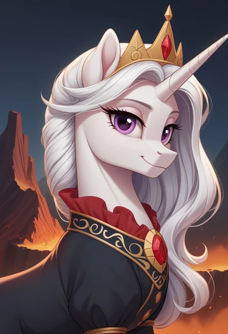 score_9, score_8_up, score_7_up, score_6_up, score_5_up, score_4_up, pony, feral pony, ((anatomically correct)), g4, unicorn, silver skin, white mane, purple eyes, standing, side view, volcano, castle, smile, black dress, red blouse, look at you, black background, bust, face, portrait, beautiful, detailed, (detailed cute pony face), detailed fur, beautiful, vector, flat colors, (beautiful long eyelashes)