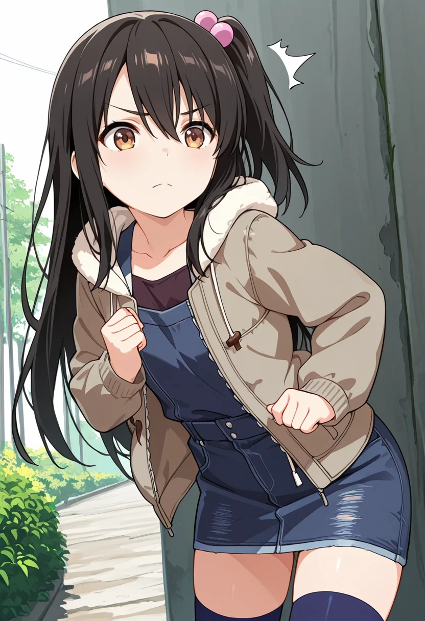 masterpiece,high quality details,
outdoors, 
 <lora:Adachi_Tenka:0.8> tenka_cnr, 1girl, black hair, long hair,brown eyes,hair between eyes, one side up,, panicking,serious,, pinafore top  ,parka,denim skirt,  ,blue thighhighs,