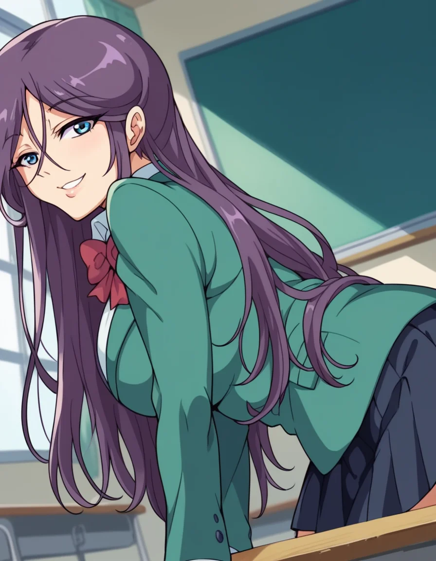 score_9, score_8_up, score_7_up, source_anime,
reikashichijou, <lora:reika-shichijou-ova-ponyxl-lora-nochekaiser:1>,
reika shichijou, long hair, blue eyes, large breasts, purple hair,
school uniform, blazer, green blazer, long sleeves, skirt, black skirt, pleated skirt, bowtie, red bowtie,
indoors, classroom, bent over, smile,
looking at viewer, cowboy shot, solo, dutch angle,