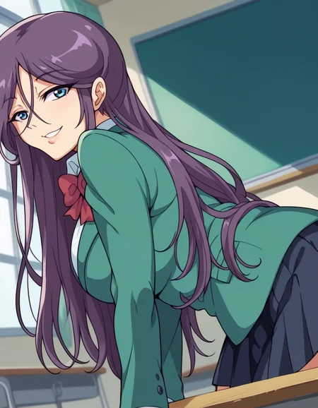 score_9, score_8_up, score_7_up, source_anime,
reikashichijou, <lora:reika-shichijou-ova-ponyxl-lora-nochekaiser:1>,
reika shichijou, long hair, blue eyes, large breasts, purple hair,
school uniform, blazer, green blazer, long sleeves, skirt, black skirt, pleated skirt, bowtie, red bowtie,
indoors, classroom, bent over, smile,
looking at viewer, cowboy shot, solo, dutch angle,