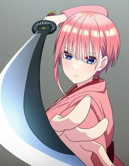 masterpiece, best quality, newest, absurdres, highres, safe,, <lora:ichika-nakano-s2-ponyxl-lora-nochekaiser:1>, ichika nakano, short hair, bangs, blue eyes, hair between eyes, pink hair, pixie cut, large breasts, anime screencap, <lora:gatotsu-stance-illustriousxl-lora-nochekaiser:1>, gatotsu stance, weapon, sword, katana, holding weapon, holding, holding sword, foreshortening, japanese clothes, kimono, looking at viewer,, ,