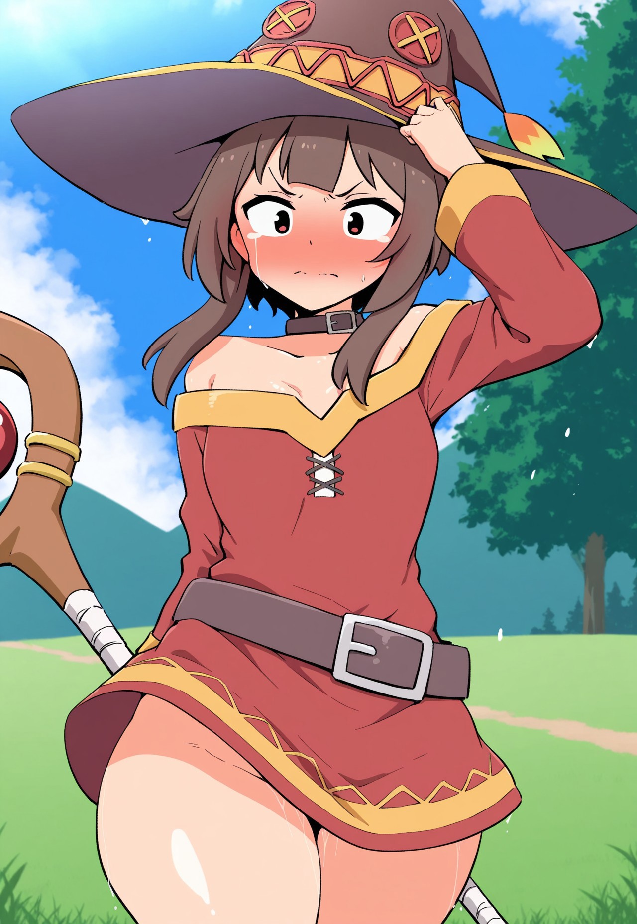 safe_pos, Masterpiece, 1girl, solo, Megumin (konosuba), small breasts, (Close-Up Portrait:1.3), wide hips, thick thighs, (no panties). Megumin has one hand holding her wooden staff, her opposite hand holding her hat. Megumin's expression is embarrassed with a pouty face, blushing, and tears forming.  She is standing on a hill with a single tree behind with a wide field. 