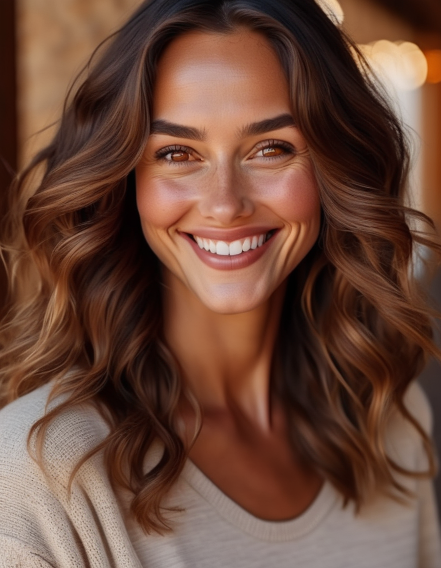 A gentle close-up of a woman with soft brown waves, her oval face calm and composed, her warm amber eyes reflecting kindness, and her lips curved in a tender, reassuring smile. <lora:usual-portrait-v2:1>