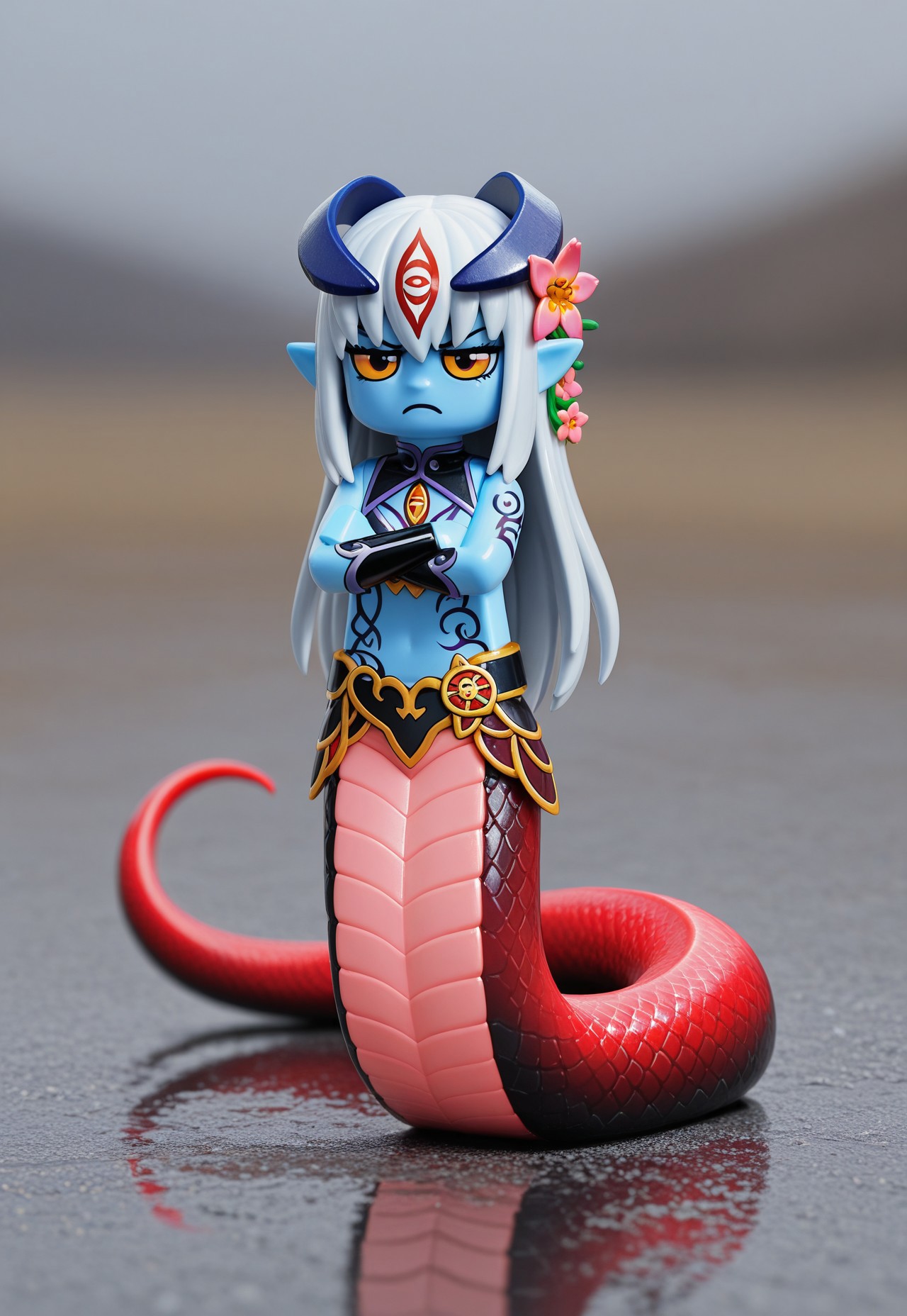 masterpiece, best quality, 1girl, solo, lmfstyle, figure, lego minifig, lego minifigure, toy figure, plastic texture, colored skin, chibi, realistic background, alipheese fateburn xvi, blue skin, lamia, red tail, annoyed, crossed arms