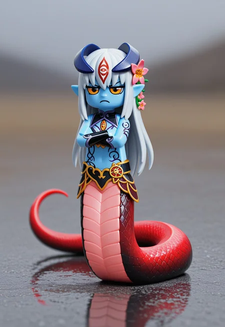 masterpiece, best quality, 1girl, solo, lmfstyle, figure, lego minifig, lego minifigure, toy figure, plastic texture, colored skin, chibi, realistic background, alipheese fateburn xvi, blue skin, lamia, red tail, annoyed, crossed arms
