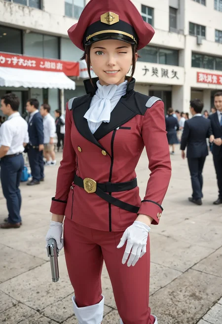 <lora:Hyper-SDXL-8steps-lora:1> <lora:Fixhands_anime_bdsqlsz_V1:1> zPDXL2, score_9, score_8_up, score_7_up, source_anime, intricate details, perfect anatomy BREAK
outdoors, city, tokyo, japan, audience, crowd, standing, holding gun, cowboy shot, Naughty, A mischievous grin, a wink, and a playful attitude., 1girl, solo, solo focus, 
<lora:GAGE-AG140millais_alloy_XL(pony)v10:1> (wrinkled skin, aged up:1.2), GAGE-AG140millais, brown hair, short hair, green eyes, red peaked cap, GAGE-AG140millais outfit, red dress, white ascot, white gloves, belt, red pencil skirt, red pants, white boots,