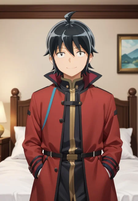 score_9, score_8_up, score_7_up, masterpiece, 1boy,  smiling, bedroom, solo male, solo focus, looking at viewer,Makoto, black eyes, black hair, ahoge, red coat, long sleeves,