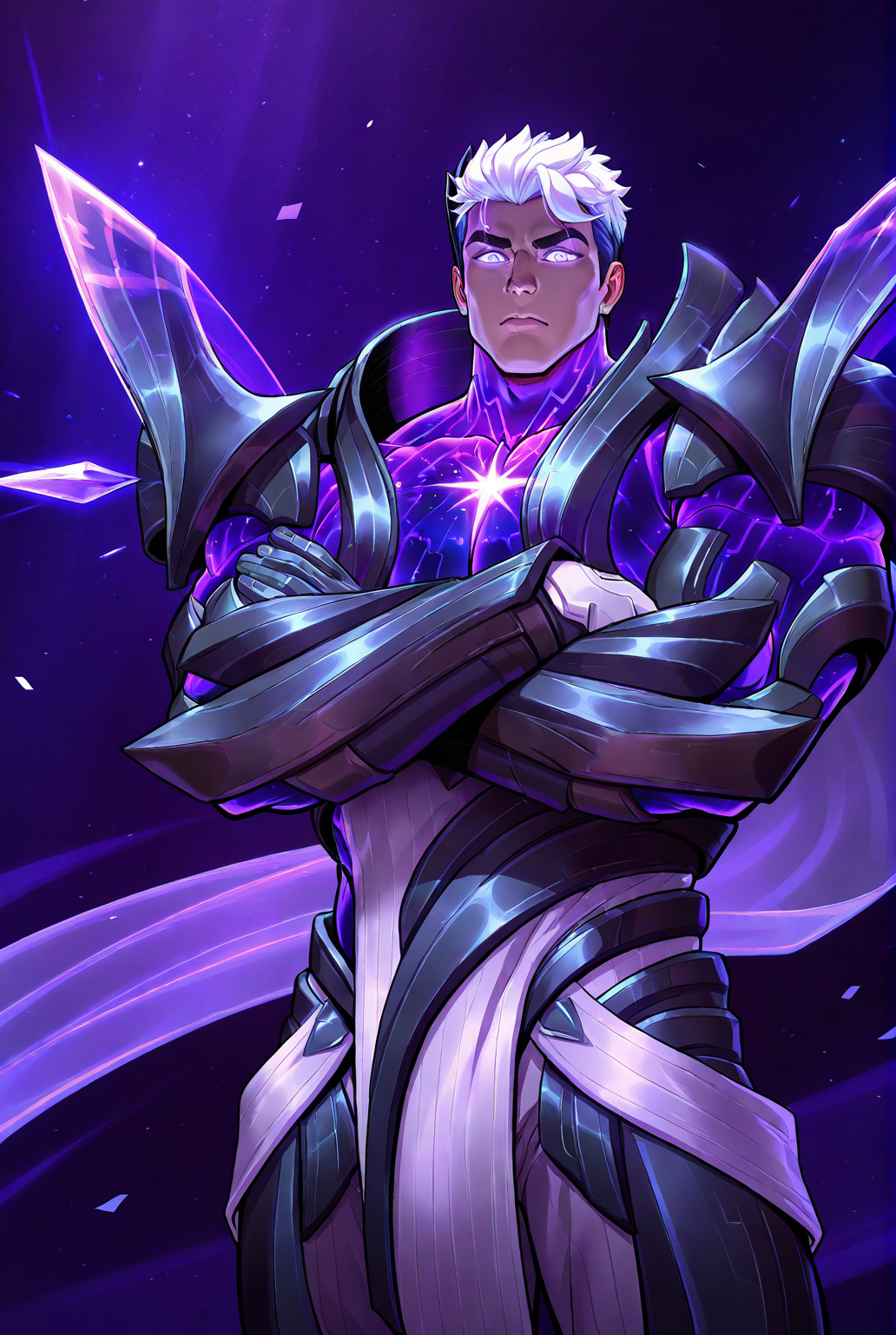 very awe,aesthetically pleasing,masterpiece,best quality,amazing quality,very aesthetic,ultra-detailed,high resolution,8k,1boy,solo,cowboy shot,male focus,detailed face,armor,white hair,short hair,glowing,muscular mal,glowing eyes,gauntlets,standing,crossed arms,looking at viewer,<lora:add-detail-xl:1>,<lora:league of legends - Garen Iconic:0.7>,1conic garen,