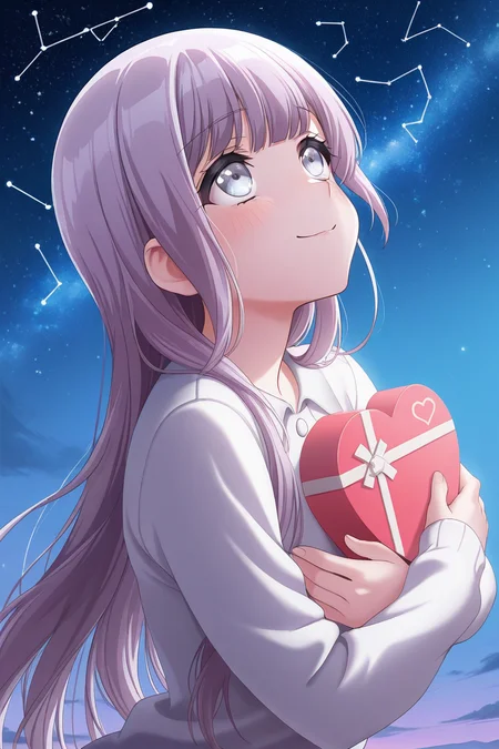 masterpiece, best quality, amazing quality,
1girl, solo, pretty, shy smile, looking up, looking at sky, night skay, stars, constellation, hug heart shape box,
 <lora:Saki_IL:1> saki, long hair,