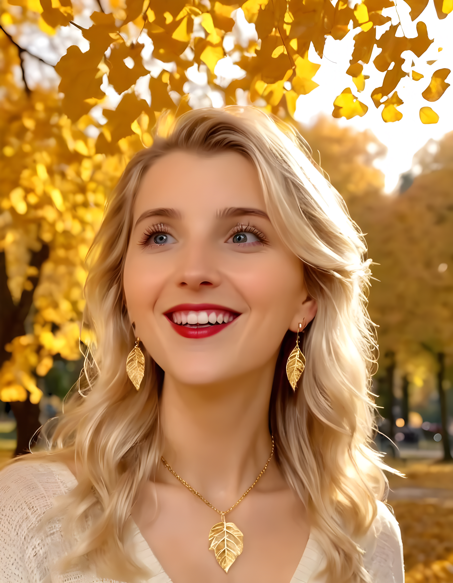 ameliagabs, In a vibrant autumnal park, Amelia Gabs, a radiant blonde woman with long cascading hair and a captivating smile that accentuates her pearly white teeth and luscious red lips, assumes a thoughtful pose while admiring a delicate pendant hanging from a golden chain around her neck. The camera is positioned at eye level, capturing the intricate details of her expressive eyes and the glistening jewels embedded in her earrings, with the golden leaves of the surrounding trees providing an ethereal, warm backdrop to this intimate moment.