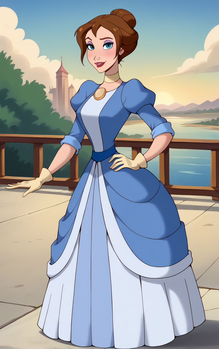 score_9, score_8_up, score_7_up, looking at viewer,  BREAK
BlueDress_JanePorter_ownwaifu, 
1girl, blue eyes, breasts, brown hair, single hair bun, short hair, makeup, lipstick, jewelry, hair bun, lips, necklace, red lips, 
blue dress, brooch, long dress, puffy sleeves, sleeves rolled up, turtleneck, yellow gloves, dress, gloves, juliet sleeves, white gloves, choker,
(contrapposto, hand on hip), sunset, sidelighting, cityscape, vanishing point, outdoors, <lora:PONYXL_Tarzan_JanePorter_ownwaifu:1> , depth of field, solo,
