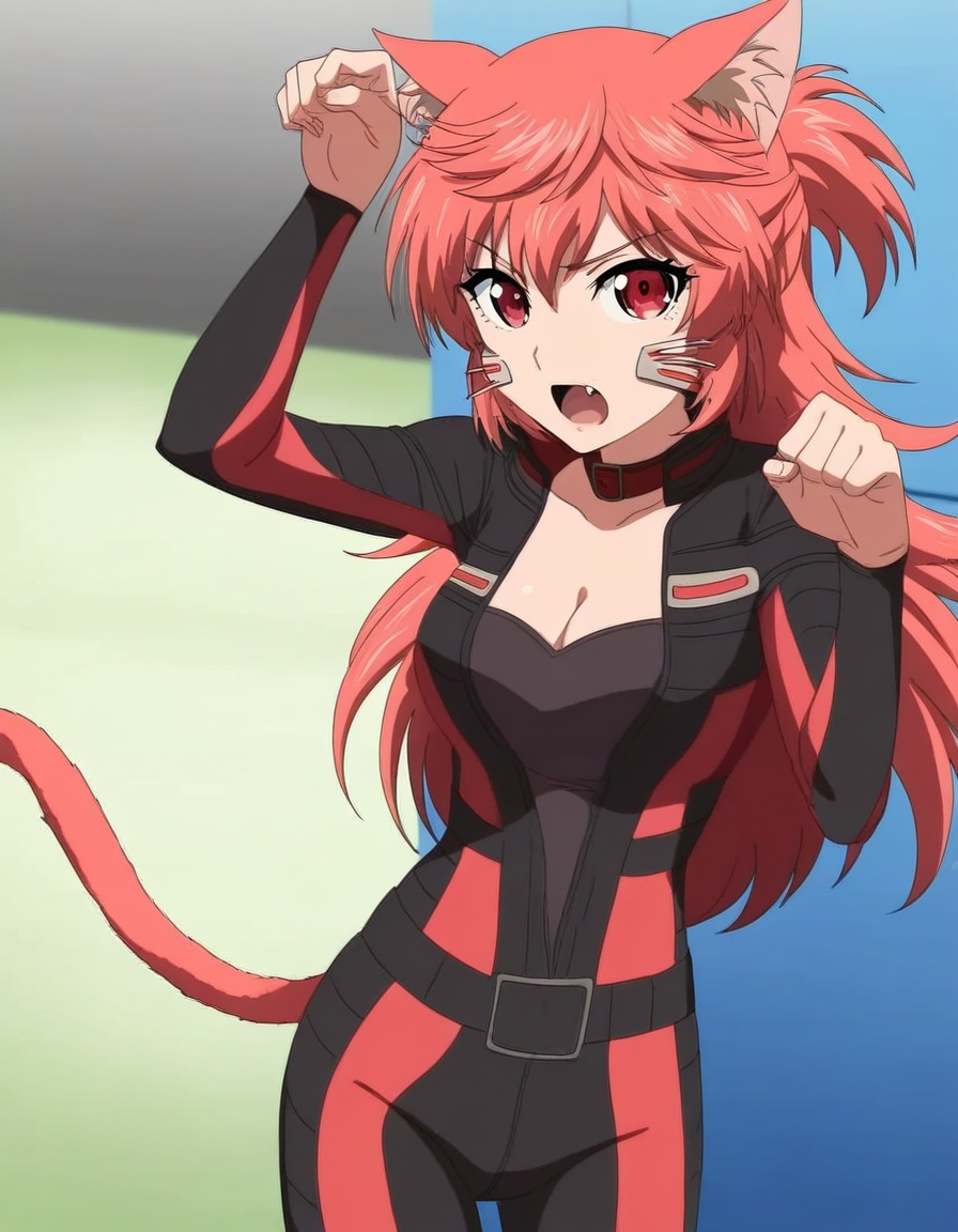 masterpiece, best quality, newest, absurdres, highres, safe,, <lora:aoi-hidaka-s1-illustriousxl-lora-nochekaiser:1>, aoi hidaka, long hair, pink hair, red hair, red eyes, ponytail, short ponytail,, bodysuit, black bodysuit, red bodysuit, cleavage,, locker room, lockers, benches, towels, showers, , paw pose, cat ears, cat tail, animal ears, tail, cat girl, open mouth, fang, whiskers, looking at viewer, solo,, cowboy shot