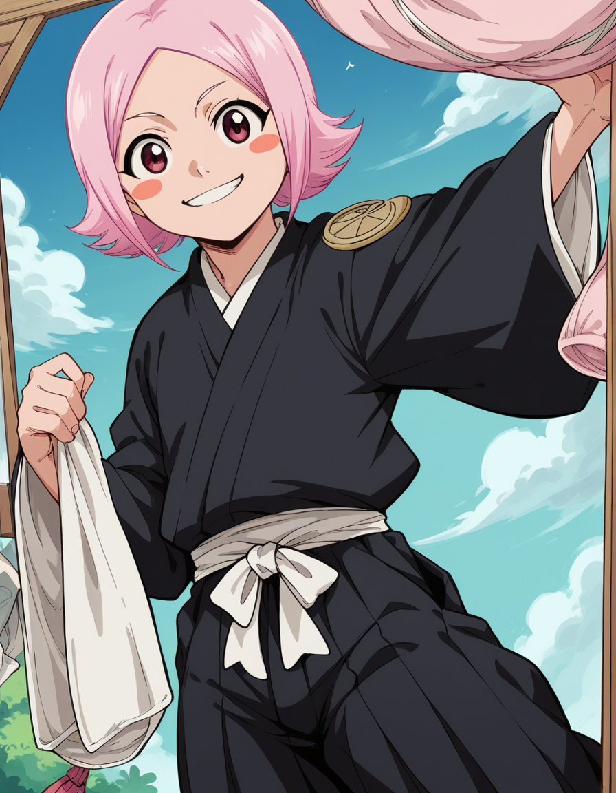 score_9, score_8_up, score_7_up, source_anime, <lora:yachiru-kusajishi-anime-ponyxl-lora-nochekaiser:1>, yachiru kusajishi, short hair, pink hair, pink eyes, blush stickers, forehead,, long sleeves, japanese clothes, hakama, black hakama,, laundry day, clothesline, drying clothes, domestic life, fresh air, blue sky, smile, looking at viewer, foot on tiptoe, hand behind back, elbow bent, solo,, cowboy shot, dutch angle