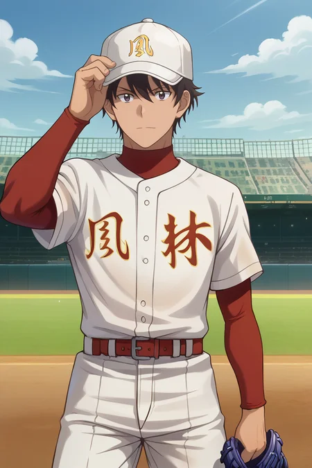 zPDXL2,<lora:Akira_Nishina:1>,akira nishina,1boy,male focus,solo,(baseball mitt:0.7),baseball uniform,hat writing,baseball cap,adjusting headwear,clothes writing,red turtleneck,short over long sleeves,white t-shirt,cowboy shot,