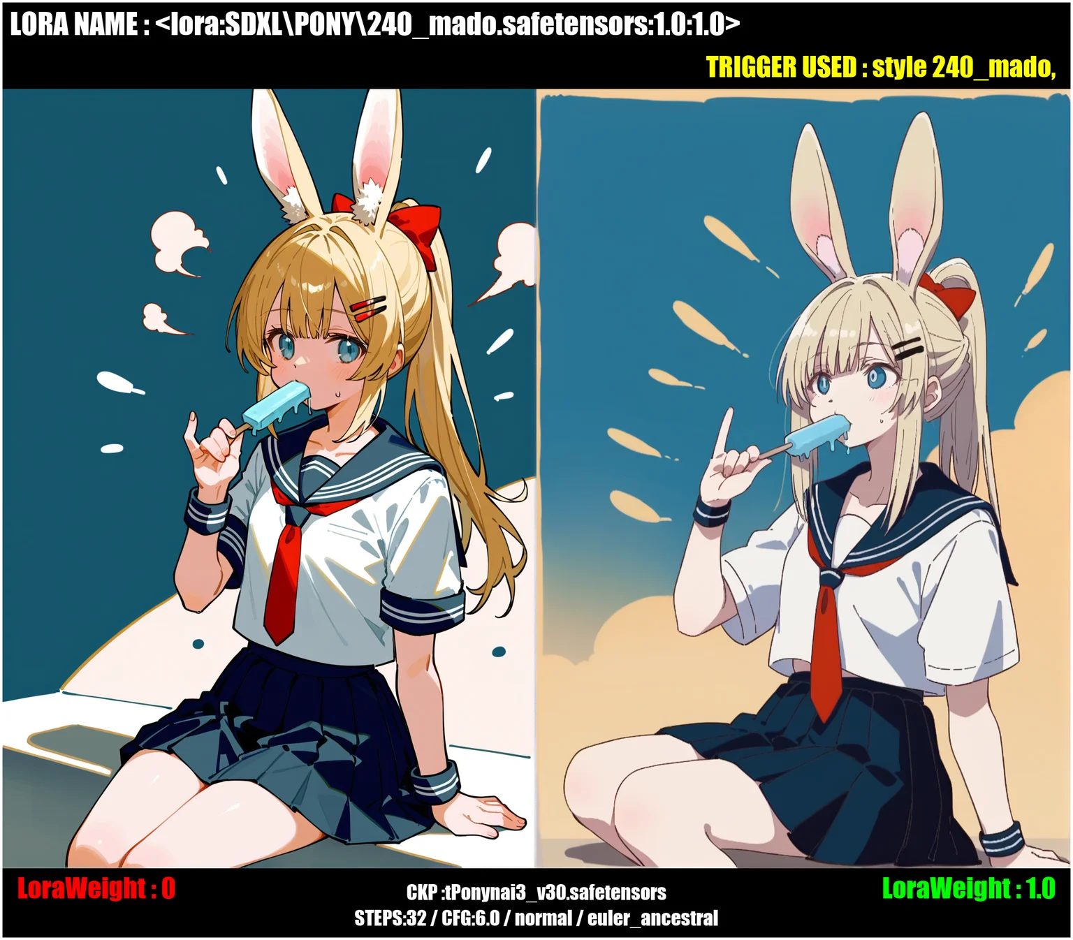 (score_9,score_8_up,score_7_up),style 240_mado,,1girl, solo, long_hair, bangs, blue_eyes, skirt, blonde_hair, simple_background, brown_hair, shirt, hair_ornament, white_background, bow, holding, sitting, school_uniform, white_shirt, ponytail, short_sleeves, hair_bow, sweat, pleated_skirt, food, necktie, serafuku, hairclip, artist_name, black_skirt, sailor_collar, rabbit_ears, red_bow, bracelet, grey_eyes, looking_away, eating, holding_food, red_necktie, cropped_legs, black_sailor_collar, popsicle, ice_cream, hot,flat color, (long neck:0.35),