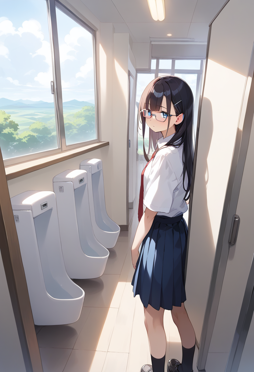 score_9, score_8_up, score_7_up, rating_safe, masterpiece, best quality, absurdres, unity 8k wallpaper, official art, official style, source_anime, game cg, megami magazine,
1girl, solo, glasses, black hair, long hair, blue eyes, collared shirt, red necktie, pleated skirt, blue skirt, looking at viewer, blush, 
danshitoire, syobenki, urinal,  koshitsu, door, indoors, window, scenery, day,
<lora:danshi_toilet_PONY_V5:0.6>