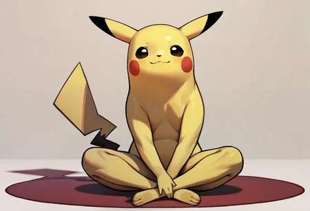 score_9, score_8_up, score_7_up BREAK Longchu, yellow body, black round eyes, black ear tips, red circle cheeks, full body, tall, long legs, sitting on floor, looking at viewer,