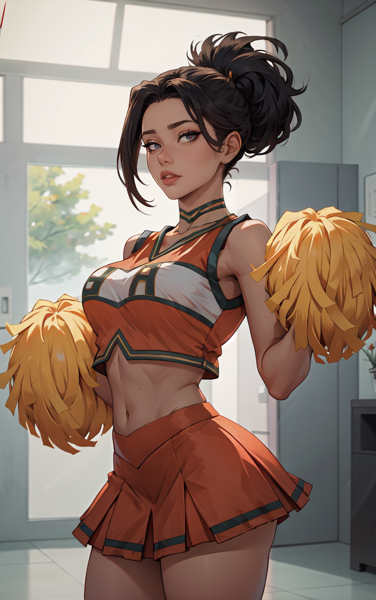 ((masterpiece, best quality)), insaneres, absurdres, solo, looking at viewer, 
Cheering_UA_CheerleaderUniform_ownwaifu, 
cheering, cheerleader, (holding pom poms), pom pom \(cheerleading\), 
1girl, black hair, medium breasts,
choker, orange shirt, orange skirt, pleated skirt, pom pom (cheerleading), sleeveless, u.a. cheerleader uniform, midriff, crop top, navel, short hair, bare shoulders, miniskirt, skirt, shirt, sleeveless shirt,
<lora:CLOTHING_UA_CheerleaderUniform_ownwaifu:1>,
 depth of field, bokeh, vanishing point,