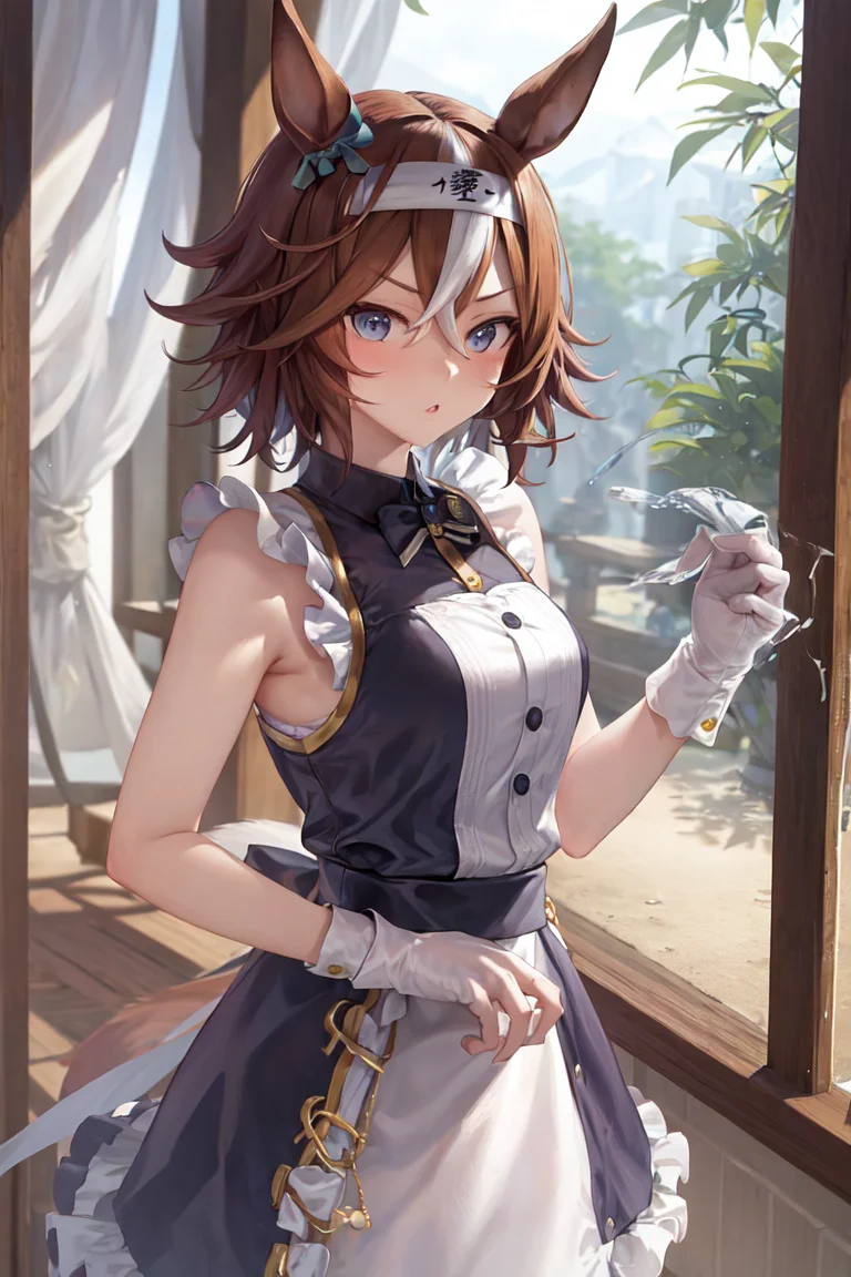 masterpiece, best quality,
bamboo memory \(umamusume\),
hachimaki, maid, enmaided, cowboy shot, indoor,
<lora:banboo_memory_loha:0.7>