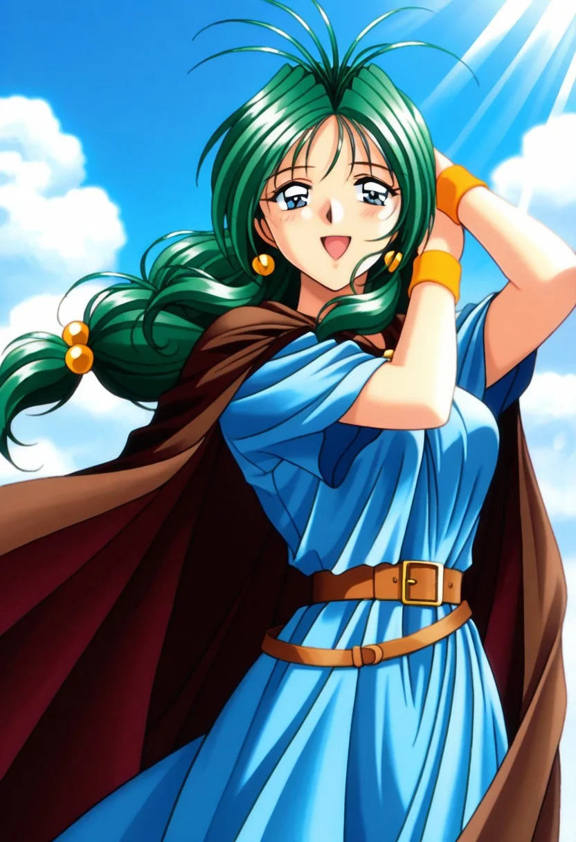 masterpiece, best quality, amazing quality, very aesthetic, high resolution, 1girl, cowboy shot, anime-style, digital art, high resolution, cute girl, smiling, sunlight, bright, clear sky, blue sky, clouds, daytime, outdoor, wind blowing her hair, dynamic pose, cheerful mood, light reflections, detailed background, high quality, beautiful, attractive, light rays, bright lighting, sky, joyful, happy, energetic, bright atmosphere, detailed shading, anime aesthetics, vibrant, lively, braid, jewelry, belt, cape, blue dress, wristband, retro artstyle, 1990s \(style\),
clairemm, blue eyes, green hair, antenna hair, long hair, low-tied long hair, hair bobbles, medium breasts, mature female,