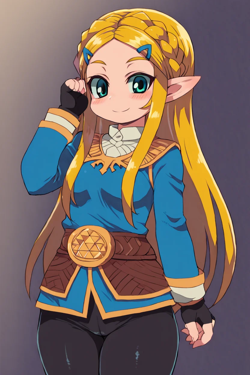 <lora:Zankuro_Style_Pony:0.8>, ((masterpiece,best quality)), absurdres, solo, princess zelda, long hair, crown braid, hairclip, pointy ears, blue shirt, long sleeves, fingerless gloves, black gloves, black pants, tight pants, smile,