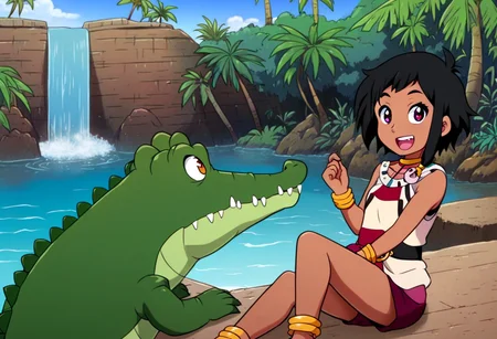 Tick tock crocodile,male animal focus,tail, crocodile , crocodile mouth open,smile ,green skin, blue eyes, Tick Tock the crocodile is giant and very huge size,teeth, crocodile swimming and submerged in the water,Tick Tock the crocodile looking Choi_mochimazzi,Choi_mochimazzi an anime girl, 1girl, looking at viewer, smile, short hair, Choi_mochimazzi sitting down on the crocodile belly,Choi_mochimazzi IS her very little size. Base - choim, short hair, black hair, red eyes, dark-skinned female,purple eyes, Base Outfit - dress, jewelry, dark skin, necklace, bracelet, wristband, neck ring, anklet, barefoot,river,palm trees, jungle, tropical _island,village, temple,Disney, waterfall,retro_anime, manga,tamako_market