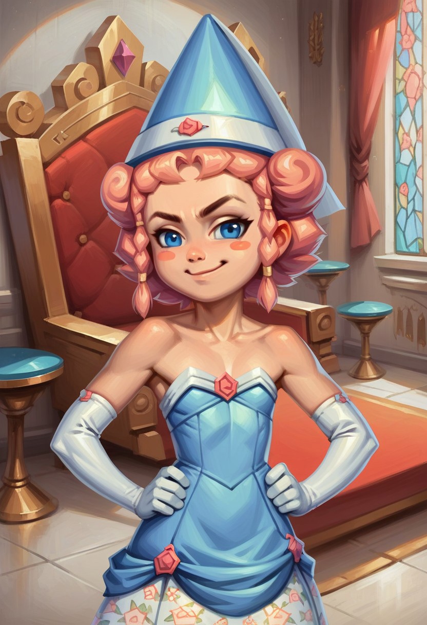 score_9_up, score_8_up, score_7_up, score_6_up, 1girl, solo, Pr1ncess_B, pink hair, blue eyes, twin braids, blue headwear, strapless blue dress, floral print, white elbow gloves, blush stickers, adult, (painted art), standing, indoors, throne room, hands on hips, smug smile, (realistic, painted art)