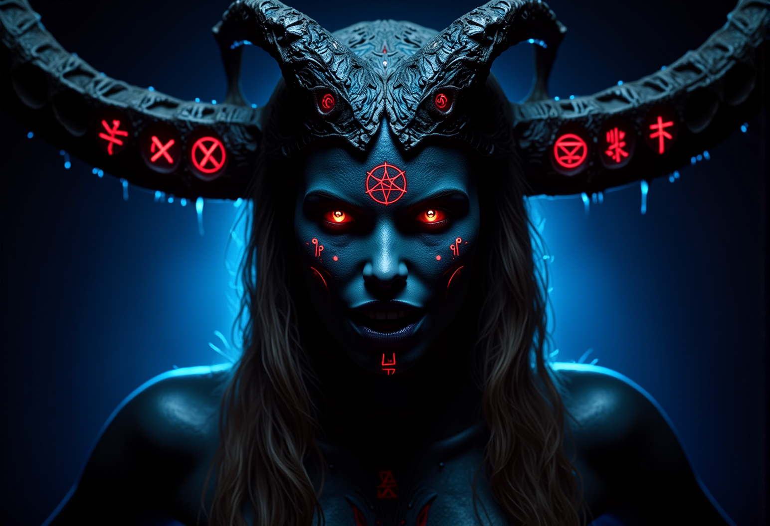 . A close-up shot of a vampiric sorceress, seen from below giving her a menacing and dominant appearance, her horns fractured and covered in glowing, blood-red symbols, her skin showing an uneven, gritty texture, with deep pores and small areas that look almost charred, lit by an eerie blue underlight that makes her features appear almost skeletal, <lora:bv-demonic-skin-runes.safetensors:0.7000000000000001:0.7000000000000001>