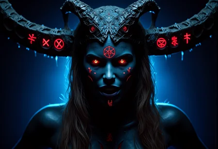 . A close-up shot of a vampiric sorceress, seen from below giving her a menacing and dominant appearance, her horns fractured and covered in glowing, blood-red symbols, her skin showing an uneven, gritty texture, with deep pores and small areas that look almost charred, lit by an eerie blue underlight that makes her features appear almost skeletal, <lora:bv-demonic-skin-runes.safetensors:0.7000000000000001:0.7000000000000001>