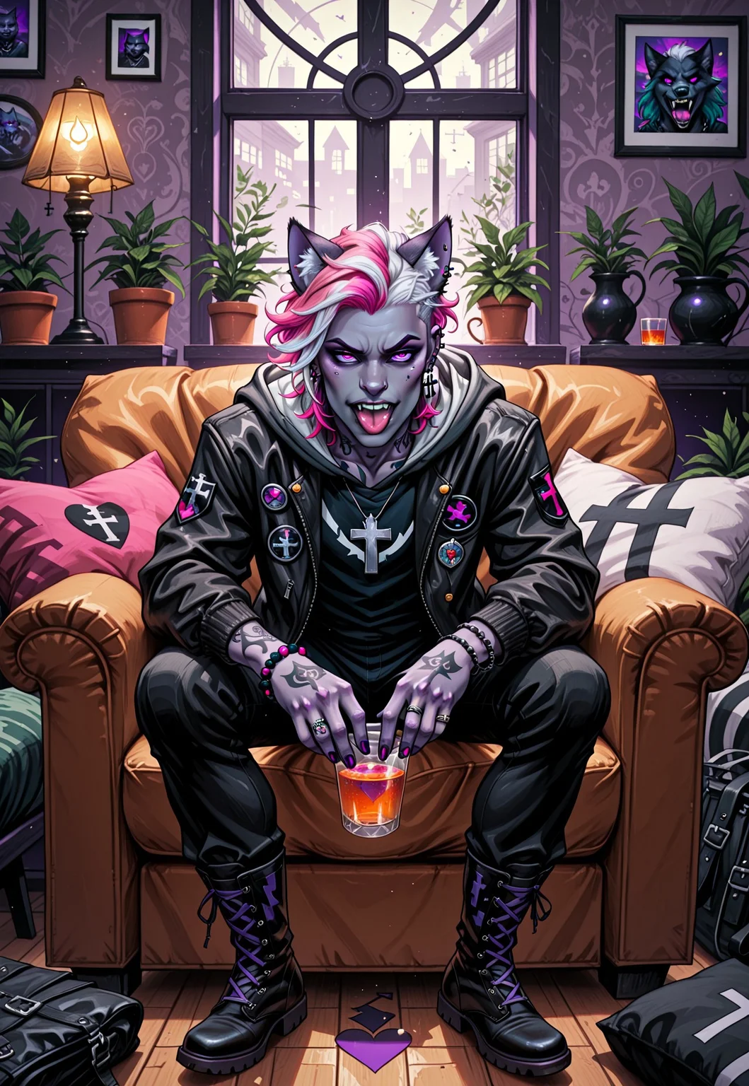 masterpiece, best quality, absurdres, animated nightmare style, 1boy, animal ears, armchair, badge, bag, black footwear, black jacket, black pants, boots, bracelet, cat ears, chair, colored skin, couch, cross, cross earrings, cross necklace, cross-laced footwear, cup, drinking glass, ear piercing, earrings, fangs, full body, glass, heart, holding, hood, hood down, hoodie, indoors, jacket, jewelry, lamp, leather, leather boots, long sleeves, looking at viewer, male focus, multicolored hair, nail polish, necklace, pants, piercing, pillow, pink eyes, pink hair, plant, potted plant, purple eyes, ring, sitting, solo, tattoo, teeth, tongue, tongue out, two-tone hair, white hair, window, wolf ears