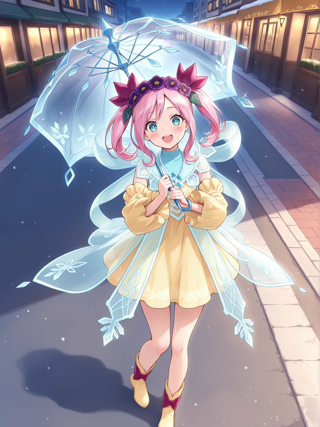 1girl,rikka queen strenna,solo,smile,open mouth,looking at viewer,crystal umbrella,holding crystal umbrella,blush,full body,yellow boots,:d,purple hair flower,see-through cape,yellow detached sleeves,yellow strapless dress,on street,winter,
masterpiece,best quality,amazing quality,very aesthetic,absurdres,newest,<lora:Rikka Queen Strenna illusXL v1.1:0.7>,