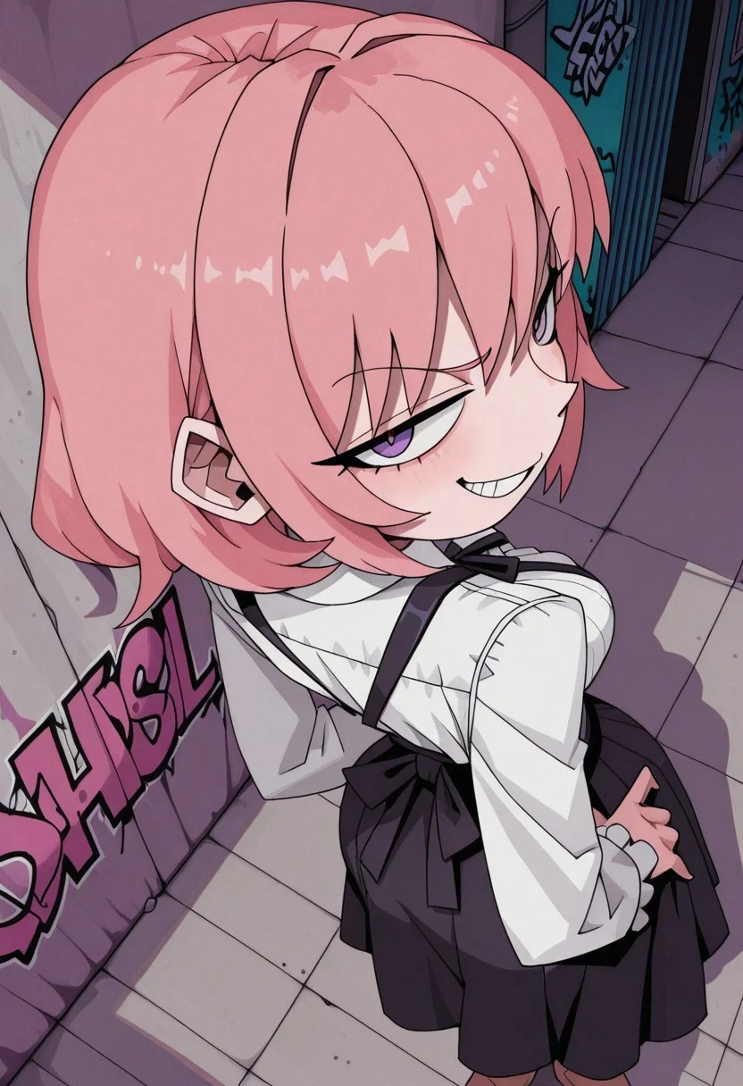 masterpiece, best quality, very aesthetic, CivChan, purple eyes, pink hair, 0huton_illu,
solo, from above, looking back, [standing], hands on own knees, smirk, grin,
virgin_killer_outfit, streetwear,
asphalt, graffiti