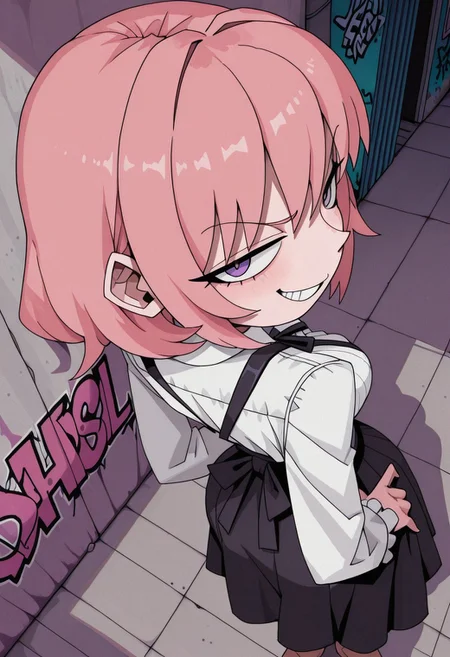 masterpiece, best quality, very aesthetic, CivChan, purple eyes, pink hair, 0huton_illu,
solo, from above, looking back, [standing], hands on own knees, smirk, grin,
virgin_killer_outfit, streetwear,
asphalt, graffiti