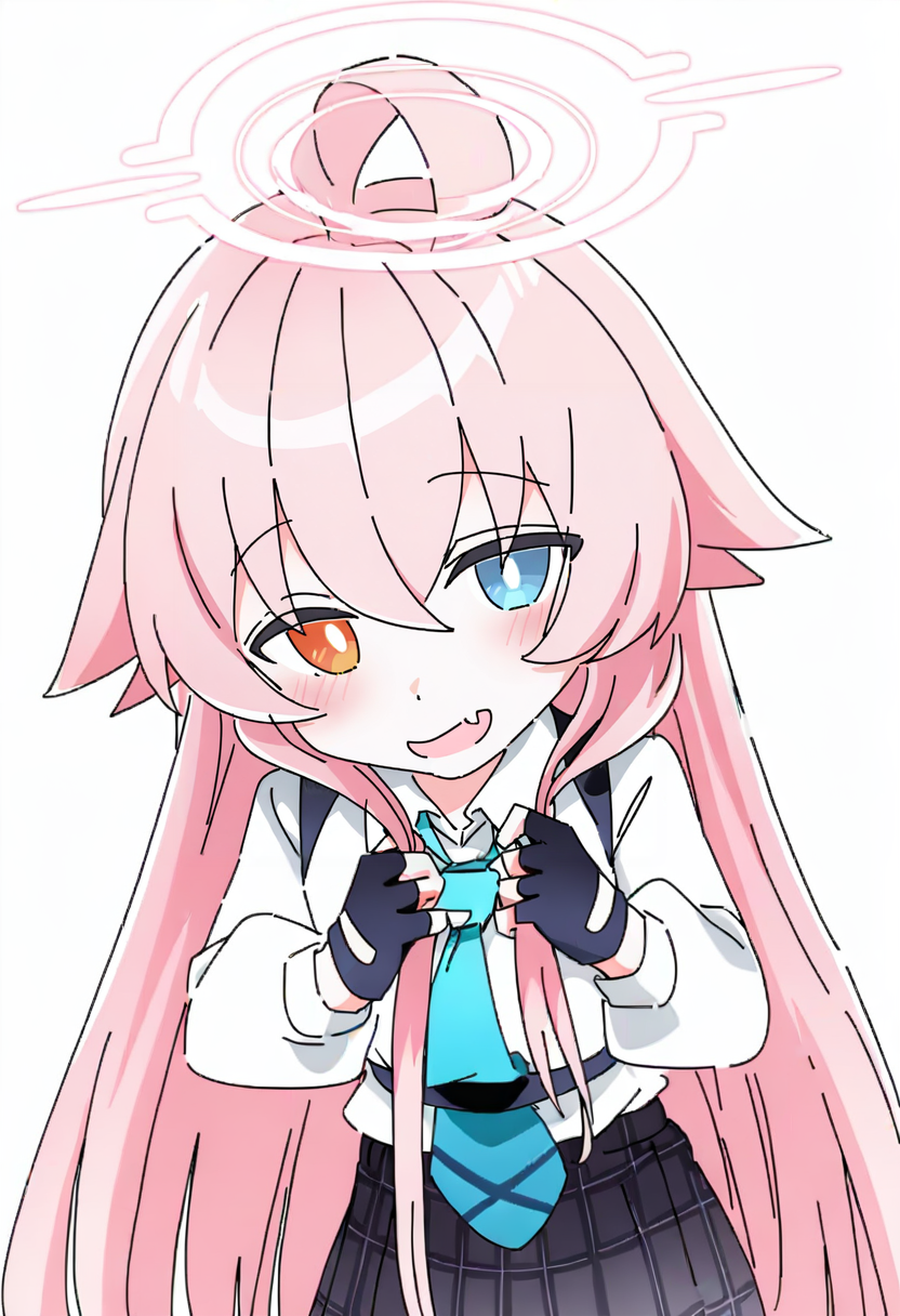 1girl, hoshino \(blue archive\), solo, heterochromia, ahoge, pink hair, gloves, necktie, long hair, fingerless gloves, skirt, fang, blue eyes, blue necktie, shirt, simple background, white background, white shirt, plaid skirt, black gloves, halo, plaid, long sleeves, looking at viewer, smile, collared shirt, very long hair, orange eyes, blush, holding hair, open mouth, hair between eyes, black skirt, skin fang, grey skirt, bangs <lora:ixyXL_NBVP1_lokr_V6311PZ:0.95>