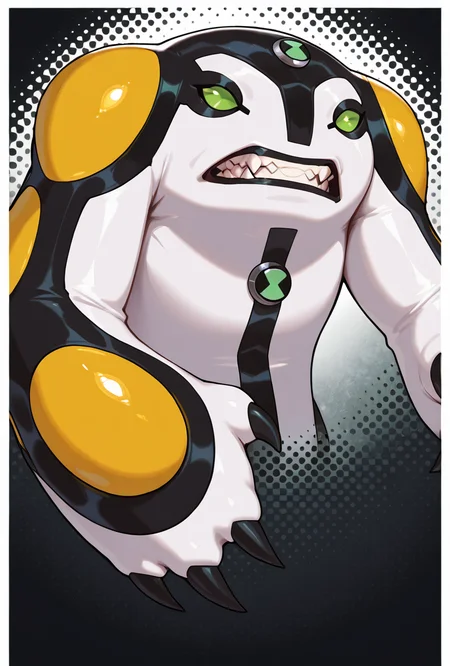 <lora:cannonbolt-07:1> cannonbolt, solo, no humans, black claws, green eyes, teeth, fang,monster, pokemon (creature),, masterpiece, best quality, amazing quality, very aesthetic, absurdres, newest,, upper body, halftone effect, white borders, abstract background:1.2,