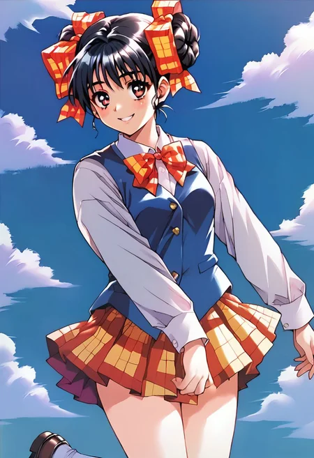ASCII <lora:pony_xl_narusawa:0.8>,narusawa,score_9,score_8_up,score_7_up,source_anime,1girl, black hair,looking at viewer,school uniform,long sleeves, white sleeves, vest, blue vest, pleated skirt,plaid skirt,socks,loafers,cowboy_shot,smile, school, masterpiece, best quality,