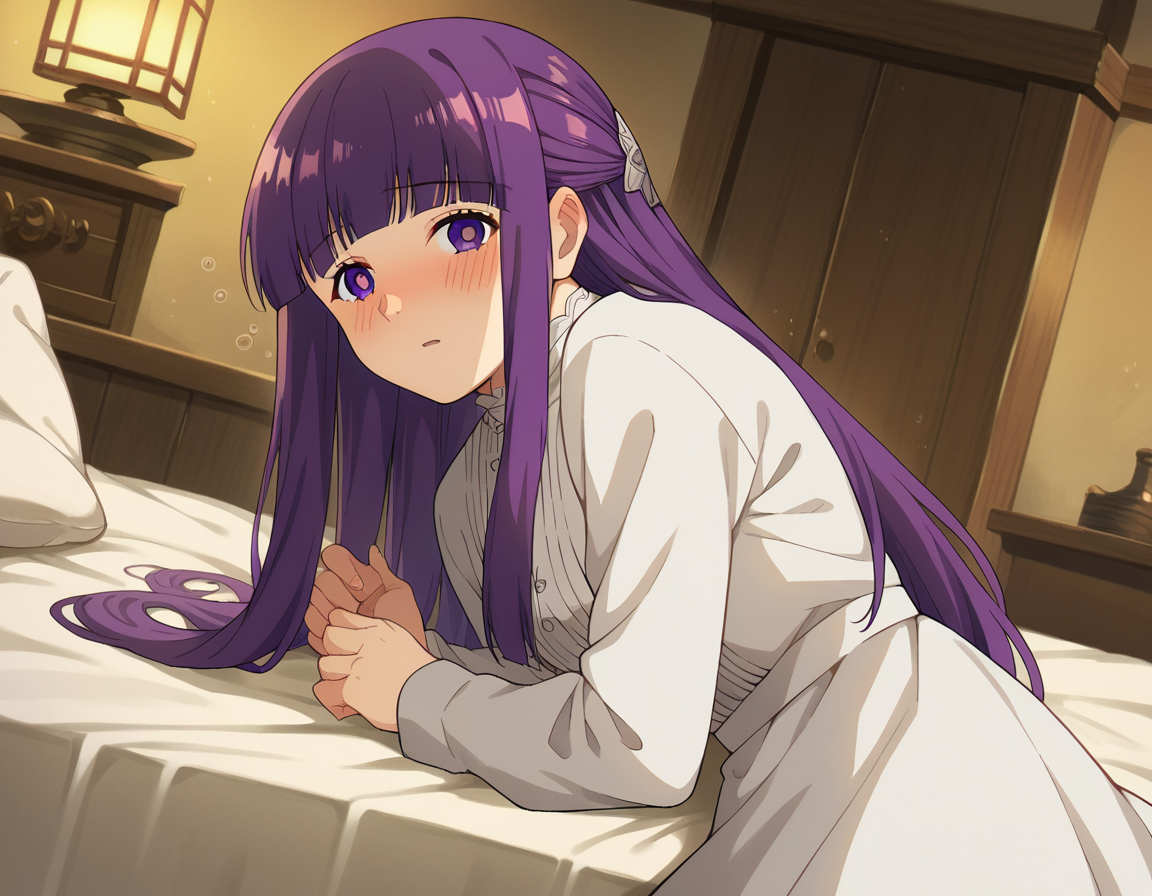 score_9, score_8_up, score_7_up, source_anime,
fern, <lora:fern-s1-ponyxl-lora-nochekaiser:1>,
fern, long hair, bangs, purple eyes, purple hair, sidelocks, blunt bangs, bright pupils, half updo,
long sleeves, dress, white dress, long dress,
indoors, bed, bed room, on side, blush, drunk,
looking at viewer, cowboy shot, dutch angle,