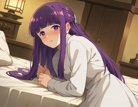 score_9, score_8_up, score_7_up, source_anime,
fern, <lora:fern-s1-ponyxl-lora-nochekaiser:1>,
fern, long hair, bangs, purple eyes, purple hair, sidelocks, blunt bangs, bright pupils, half updo,
long sleeves, dress, white dress, long dress,
indoors, bed, bed room, on side, blush, drunk,
looking at viewer, cowboy shot, dutch angle,