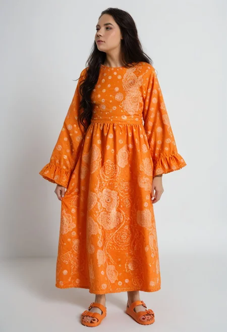 1girl, solo, simple_background, white_background, birksonfeet, toenail_polish, full_height, patterned, long_dress, long_black_hair, looking_away, pretty_face, long_sleeves, orange_black_white, posing, fashion