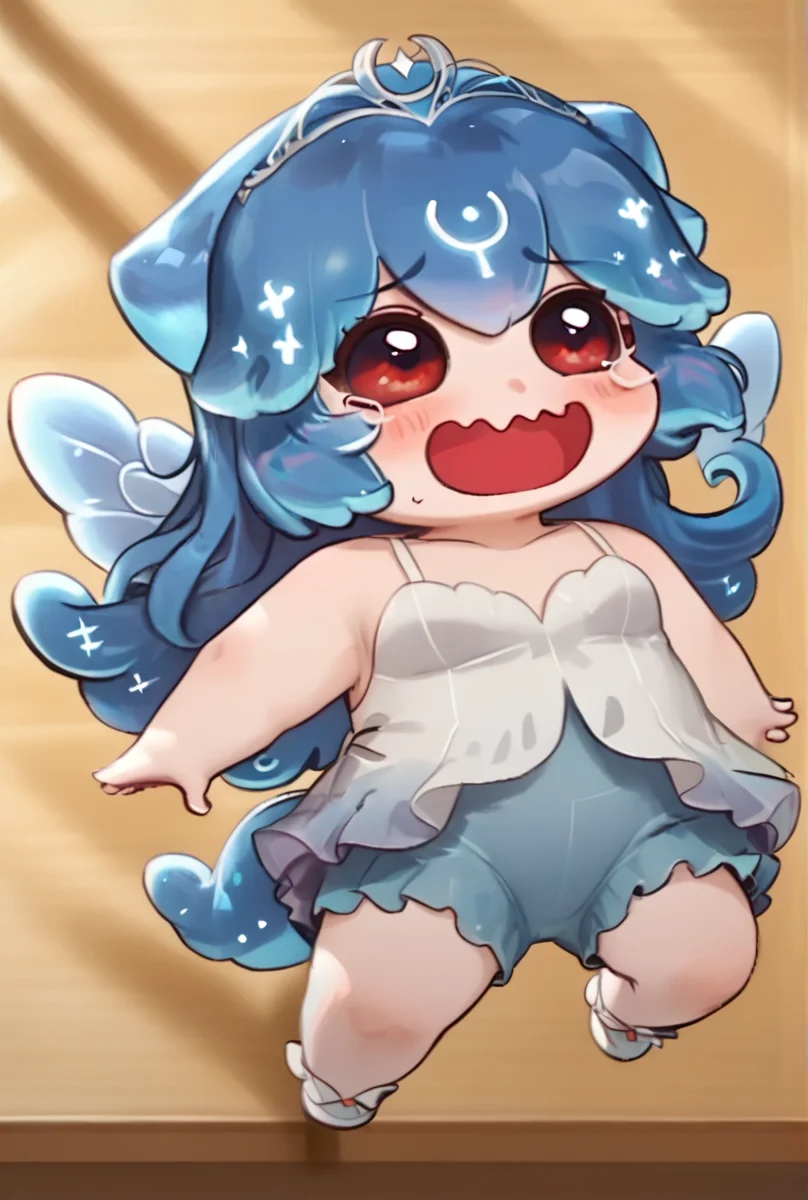 (score_9, score_8_up, score_7_up, score_6_up, score_5_up, score_4_up),
BaoTheWhale,chibi bao,1girl,pillow princess outfit,,solo,long hair,open mouth,bangs,red eyes,blue hair,full body,wings,virtual youtuber,happy,chibi,wavy mouth,monster girl,liquid hair
 <lora:bao_vtuber_pony:0.8>