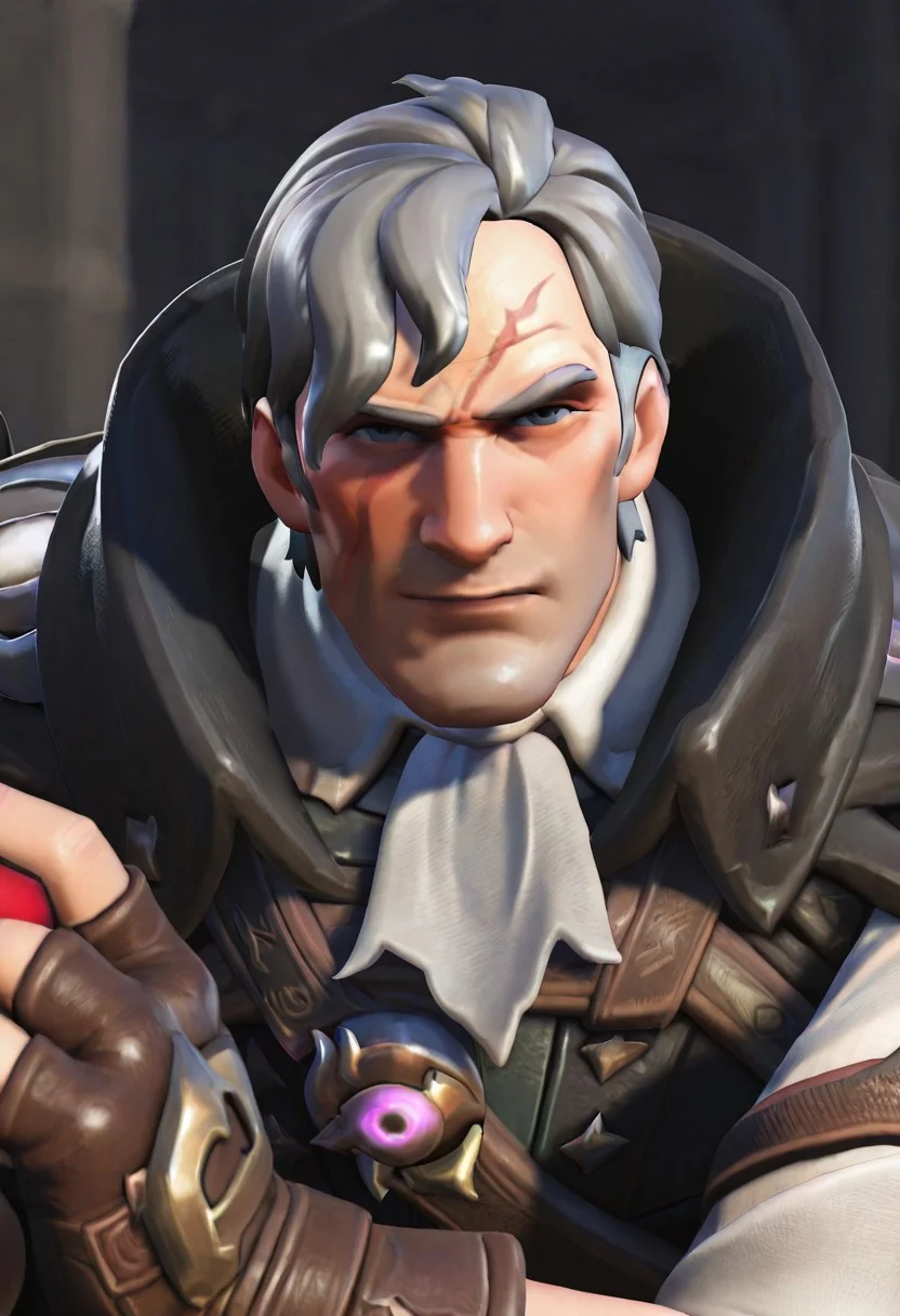3d, realistic, rim light, soldier: 76 \(survivor: 76\) \(overwatch\), 1boy, mature male, manly, ultra-detailed face, defined face, slightly short grey hair, blue eyes, scar on face, bara), (white ascot, white shirt, vest, cape, brown gloves, fingerless gloves), portrait, face focus, dynamic pose, looking at viewer, scenery, very awa, masterpiece, best quality, absurdres, newest, perfect quality, detailed background, intricate details